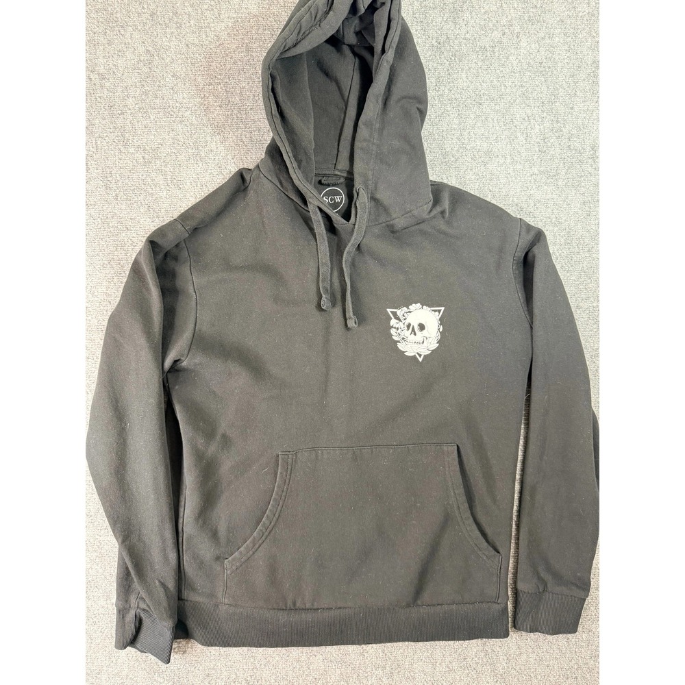 SCW Mens Hoodie Pullover Large Black Skull Floral Graphic Print Hooded Kangaroo‎